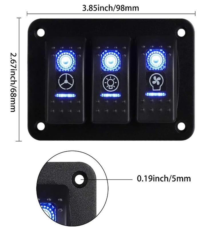 DC 12V 24V 블루 LED 백라이트 3 갱 알루미늄 5 핀 ON 오프 터글 로커 스위치 패널