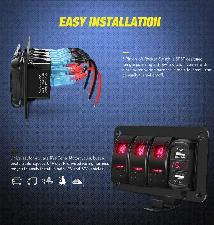 DC12V 24V 3 밴드 레드 LED 라이트 로커 스위치 패널 박스 차기 4.8A USB 충전기 밸트미터 자동차 해군 트럭 보트
