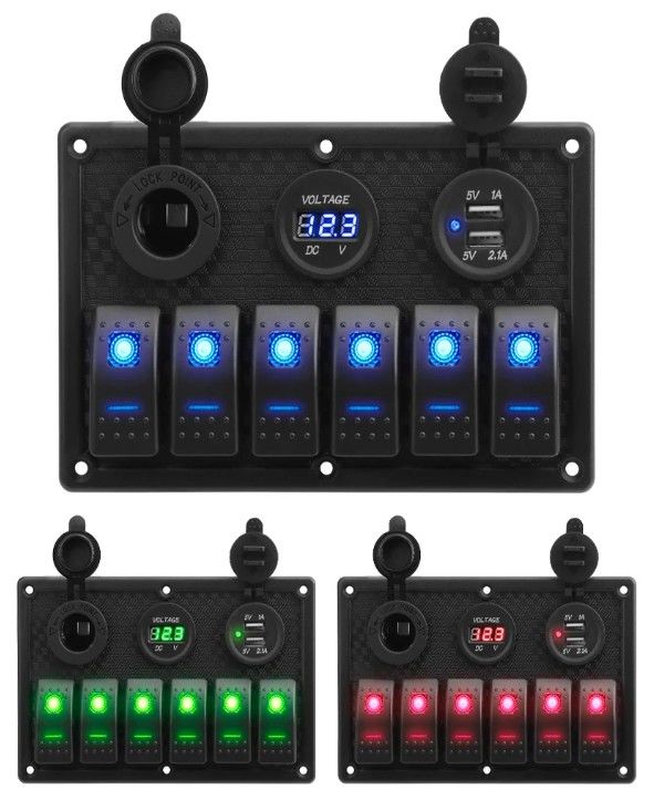 방수 해상 보트 로커 스위치 패널 6 갱 두 개의 USB 소켓 3.1A 볼트 미터 블루 LED 조명