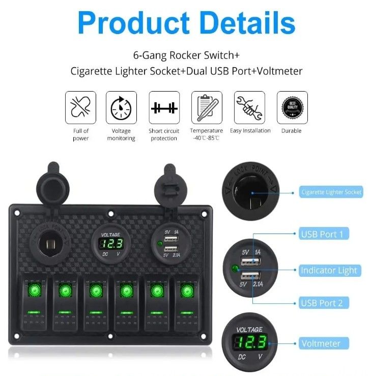 방수 해상 보트 로커 스위치 패널 6 갱 두 개의 USB 소켓 3.1A 볼트 미터 블루 LED 조명