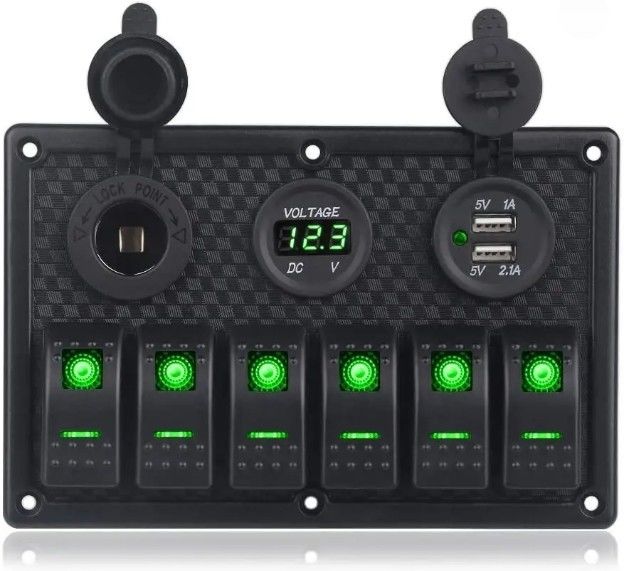방수 해상 보트 로커 스위치 패널 6 갱 두 개의 USB 소켓 3.1A 볼트 미터 블루 LED 조명