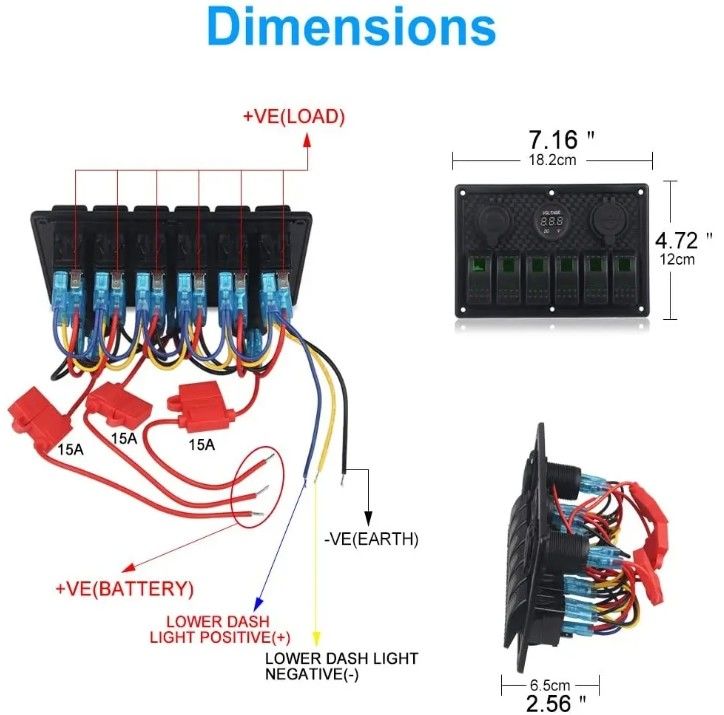 방수 해상 보트 로커 스위치 패널 6 갱 두 개의 USB 소켓 3.1A 볼트 미터 블루 LED 조명