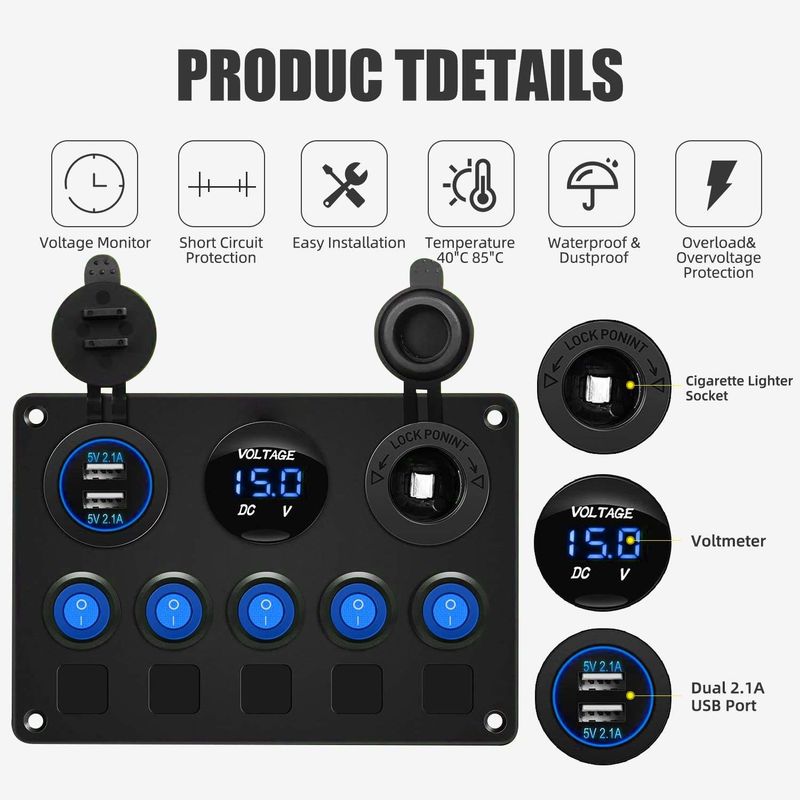 5 밴드 방수 로커 스위치 패널과 함께 두 개의 USB 슬롯 소켓과 함께 블루 LED 조명