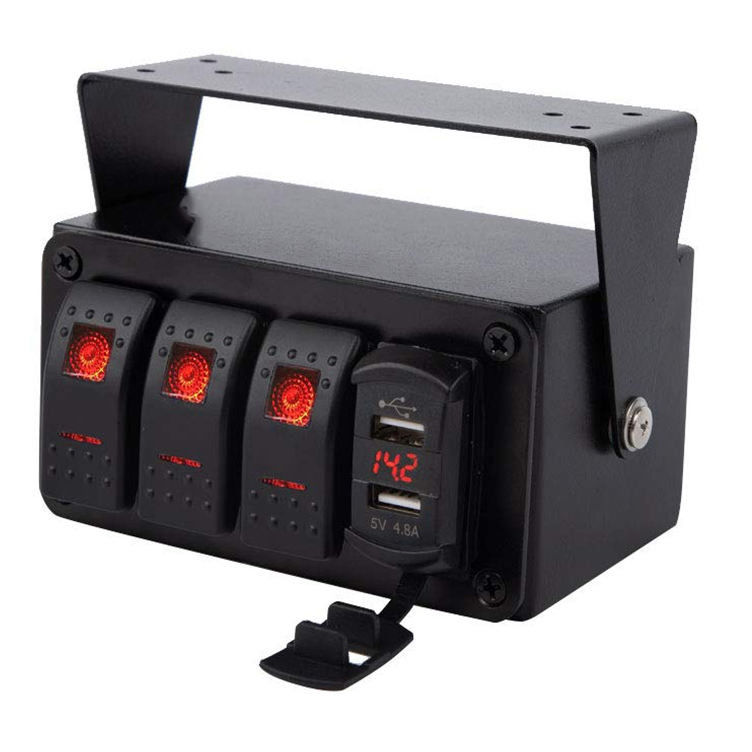 DC12V 24V 3 갱 레드 LED 라이트 로커 스위치 패널 박스 듀얼 4.8A USB 충전기