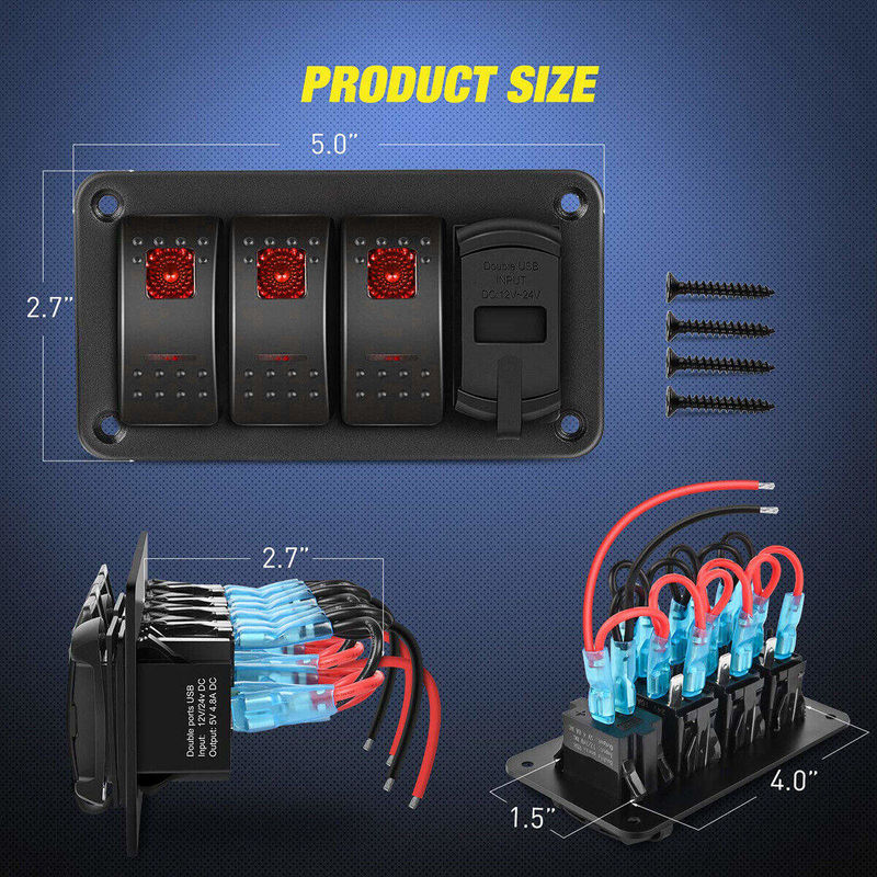 DC12V 24V 3 갱 레드 LED 라이트 로커 스위치 패널 박스 듀얼 4.8A USB 충전기