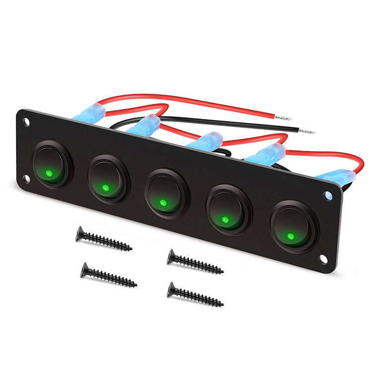 5 갱 로커 스위치 패널 20A 3 핀 ON OFF 12V 녹색 트오글 스위치 자동차 트럭 보트